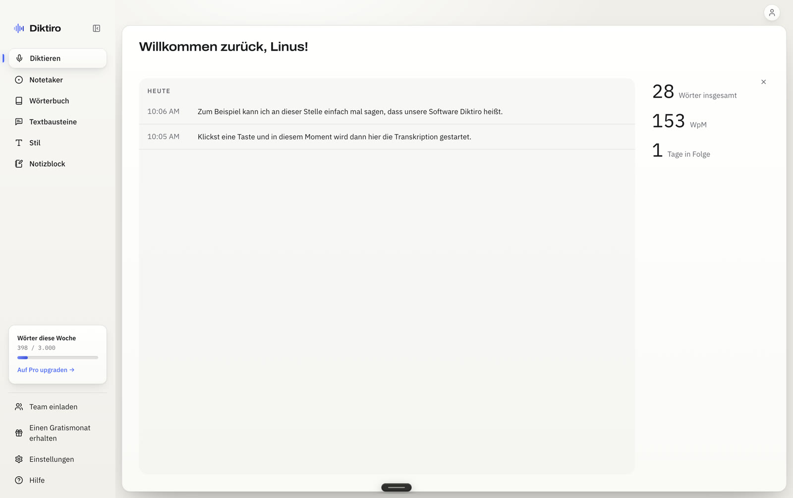 Die Diktiro-App mit der Seitenleiste links und dem Diktier-Bereich