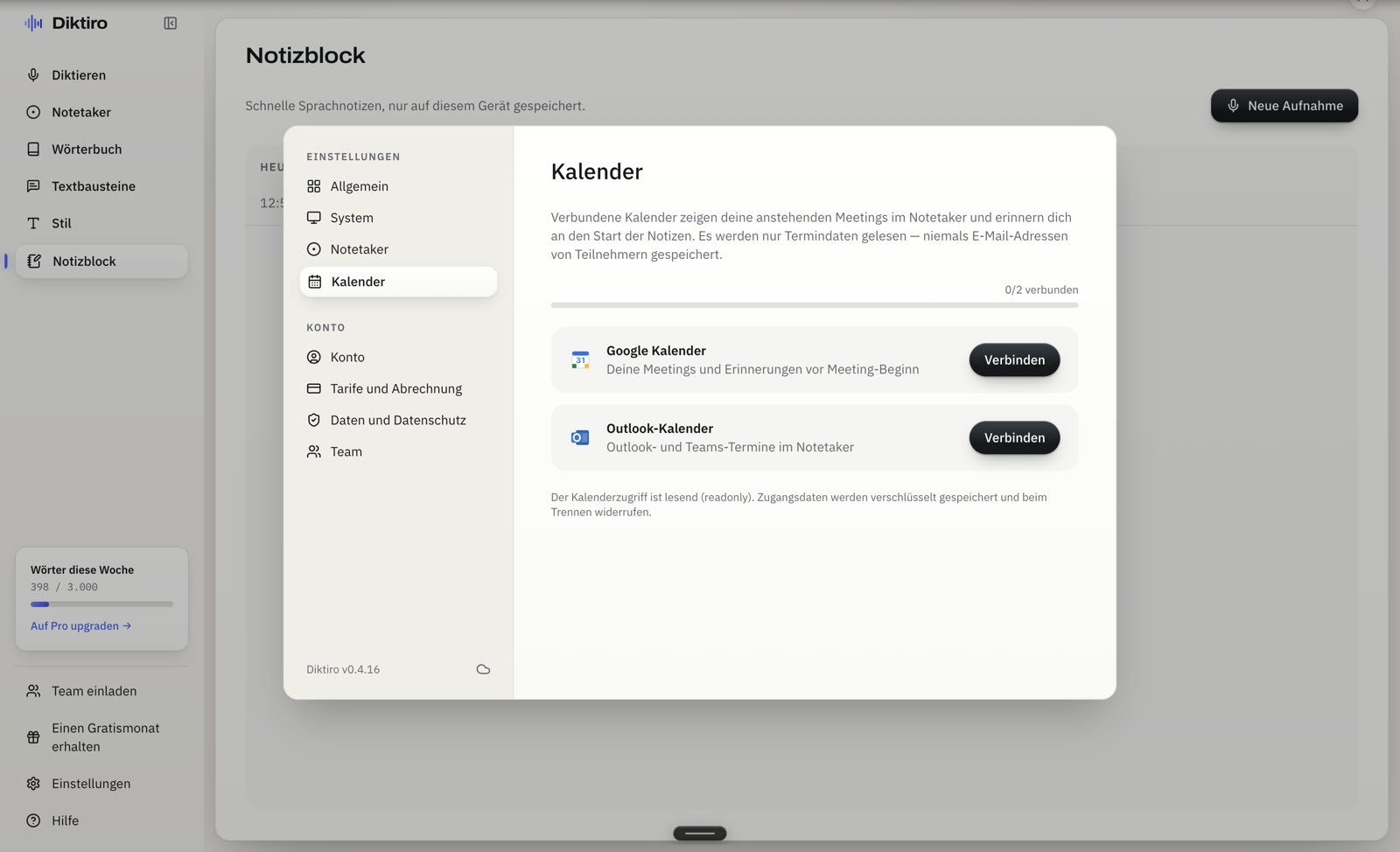 Die Kalender-Einstellungen mit Google Kalender und Outlook-Kalender