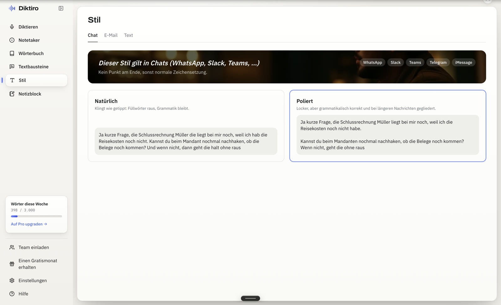 Die Stil-Einstellungen mit den Tabs Chat, E-Mail und Text